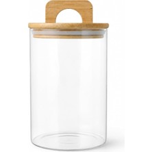 Fimer 900 ml Bambu Kapaklı Yuvarlak Cam Kavanoz, 10 cm Çap × 15 cm Yükseklik, Contalı Kulplu Şeffaf Erzak ve Kuru Gıda Saklama Kabı, Kahve Çay Şeker Bakliyat Için