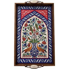 Fimer Kütahya Çini Desenli Ahşap Servis Tepsisi Anka, El Yapımı Seramik Yüzey, 42X27 Cm, Dekoratif Sunum Tepsisi