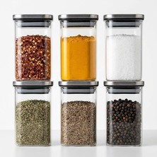 Fimer 6 Lı Cam Baharat Kavanozu Seti, 250 ml Kare Saklama Kabı, Contalı Metal Görünümlü Kapak, Şeffaf Kuru Gıda Düzenleyici, 6 × 6 × 11 cm