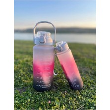 Fimer Water Bottle Motivasyonel Su Matarası, 2 Lt ve 900 Ml, Siyah Pembe, Spor Salon Şişesi