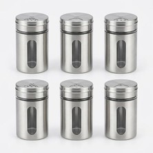 Fimer 6'lı Set Paslanmaz Çelik Kaplı Cam Baharatlık, 8 cm - Şeffaf Pencereli, Inox Döner Kapaklı Tuzluk ve Baharat Takımı
