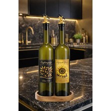 Fimer ve Ayçiçek Yağı Şişesi Seti, Altın Etiket ve Yağdanlık Aparatlı, Ahşap Standlı 750 Ml, 2 Adet, Yeşil Cam Şişe (Standlı, Altın)