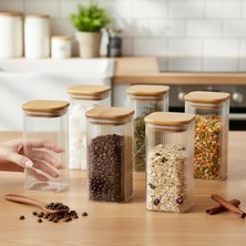 Ahes 6'lı Set 425 ml Bambu Kapaklı Kare Cam Kavanoz - 6X12 cm Vakumlu Uzun Boy Şeffaf Erzak Kabı Kahve Çay Baharatlık ve Mutfak Düzenleyici Organizer Saklama Kutusu