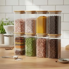 Ahes 6'lı Set 520 ml Bambu Kapaklı Kare Cam Kavanoz - 6X15 cm Vakumlu Ekstra Uzun Boy Şeffaf Erzak Kabı Spagetti Makarna Kahve Bakliyat ve Mutfak Düzenleyici Saklama Kutusu