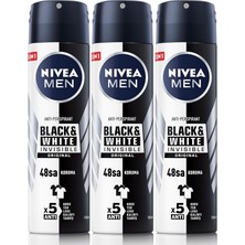 Ahes Men Erkek Sprey Deodorant Black&white Invisible Original Ter ve Ter Kokusuna Karşı 72 Saat Anti-Perspirant Koruma 150ML X3 Adet