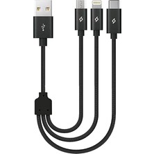 Ahes Alumicable Mini Trio Lightning Micro USB 30CM Şarj Kablosu, Siyah