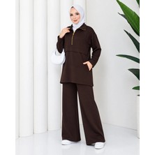 Caddebostan Moda Kadın Yarım Fermuarlı Polo Yaka Cepli Tunik Bol Paça Pantolon Ikili Tesettür Takım