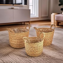 Ahes 3'lü El Yapımı Doğal Hasır Kulplu Yuvarlak Saksı Seti, Hasır El Yapımı Suya Karşı Koruma Poşetli Yuvarlak Örgü Saksı 3'lü Set, Rattan Saksı Seti, (24CM*22CM-22CM*20CM-20CM*18CM)