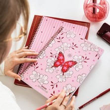 Ahes Spiralli Karton Kapak 2’li Set Çizgili Okul Defteri 80 Yaprak, Ders Programlı Pembe Kelebek