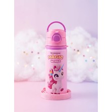 Ahes Tasarımlı Paslanmaz Çelik Çocuk Su Matarası | Pipetli, Askılı ve Sızdırmaz Kreş/okul Suluğu (Pembe)