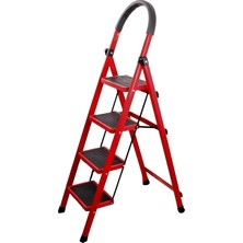 Ahes 4 Basamaklı Katlanır Merdiven | Kaymaz Geniş Basamaklı Ev & Mutfak Tipi | 150 kg Kapasiteli Emniyetli Kırmızı