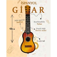 Ahes cm Oyuncak Ispanyol Gitar - Akort Edilebilir 6 Telli Ispanyol Çocuk Gitarı Askı Aparatı Hediye Kahverengi