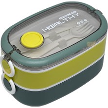 Ahes Bento 1300ML Lunchbox 2 Katlı 3 Bölmeli Paslanmaz Çelik Sefer Tası Yemek Kutusu (Koyu Yeşil-Fıstık Yeşili)
