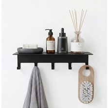 Ahes Home Yapışkanlı Metal Banyo Rafı 5 Kancalı Duvar Rafı Organizer Dekoratif Raf Siyah Paslanmaz Duvar Rafı Havluluk Askılık Banyo Mutfak Çok Amaçlı Raf