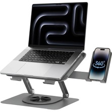 Ahes 360 Derece Döner Laptop Standı Telefon Tutuculu, Ayarlanabilir Katlanabilir Notebook Yükseltici, 10-15.6 Inç Laptop ile Uyumlu Masaüstü Alüminyum Stand | L189-C