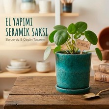 Ahes Yapımı Seramik Saksı & Altlık Seti Doğal Turkuaz Efektli – Dekoratif ve Fonksiyonel Tasarım - 10 cm
