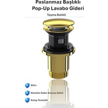 Ahes Paslanmaz Pop-Up Lavabo Gideri | Taşma Delikli Altın | Üniversal Sızdırmaz Somunlu