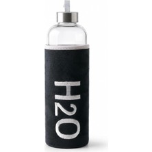Ahes Peluş Kılıflı Cam Matara 1000 Ml, Siyah H2O Nakışlı Kılıf, Taşıma Askılı Metal Görünümlü Vidalı Kapak, 8 × 25 cm