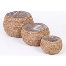 Ahes 3'lü Yuvarlak Sığ Tombul Hasır Saksılık Seti, Doğal Görünümlü Iç Koruma Poşetli Dekoratif Saksı, Büyük 21X16 cm Orta 18X13 cm Küçük 15X11 cm