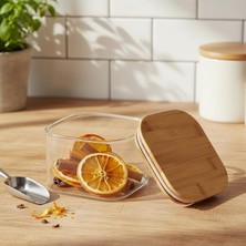 Ahes 400 ml Bambu Kapaklı Kare Cam Saklama Kabı - Dikey Çizgili Rölyef Desenli Vakumlu Kahvaltılık ve Erzak Kabı (10X10X6 Cm)