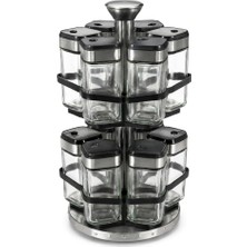 Ahes 12’li Döner Standlı Cam Baharatlık Seti, 100 ml Kare Baharat Kavanozları, 360 Derece Dönebilen 2 Katlı Paslanmaz Çelik Stand ve Kapak, 32 x 14 cm