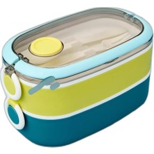 Ahes Bento 1300ML Lunchbox 2 Katlı 3 Bölmeli Paslanmaz Çelik Sefer Tası Yemek Kutusu (Mavi-Fıstık Yeşili)