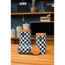 Ahes Home 3'lü Set Metal Çay Kahve Şeker Saklama Kavanozu - Dama Desenli