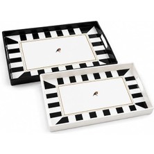 Ahes 2'li Servis Tepsisi Seti - 38 x 28 x 3,5 cm Büyük Boy Sunum Tepsisi - Siyah Beyaz Çizgili Desen - Kulplu Plastik Kahvaltı Çay Kahve Ikram Seti - Mutfak Salon Balkon ve Davet Kullanımı