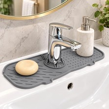 Ahes Su Tutucu Musluk Matı, Gri Plastik 25 x 10 Cm, Yıkanabilir Lavabo Batarya Altlığı, Mutfak ve Banyo Tezgâh Koruyucu Mat