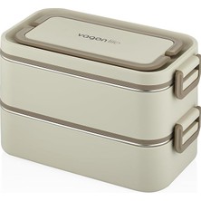 Ahes Kutusu Paslanmaz Çelik - 2000 ml Çorba (Yoğurt) Kaseli 2 Katlı Yeni Nesil Sefer Tası Lunch Box (Bej)