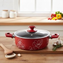 Ahes Lotus 22 cm Derin Tencere - Kırmızı Üzeri Beyaz Çiçek Desenli Cam Kapaklı