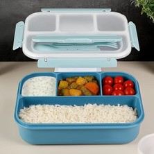 Ahes Contalı Yemek Kabı - 4 Bölmeli Çatal Kaşıklı Diyet Beslenme Kutusu Lunch Box Mavi