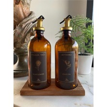 Ahes 2'li Ahşap Standlı Amber Zeytinyağı Sıvıyağ Şişesi Yağdanlık Yağlık Gold Damlatmaz Kapaklı 500ML Kırmızı