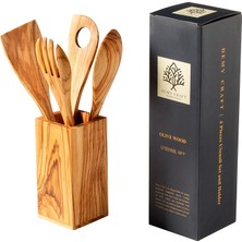 Ahes Ağacı El Yapımı 5 Parça Mutfak Seti, Ahşap Kutu, Kaşık, Çatal, Spatula, Delikli Spatula, 30 Cm.