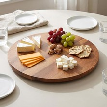 Ahes 360° Dönerli Akasya Ahşap Sunum Tablası, 35 cm Çap, 2 cm Kalınlık, Yuvarlak Servis Tepsisi, Doğal Kahverengi, Kahvaltı ve Peynir Sunumu Için, 1 Adet