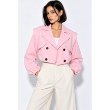 Mevese Kruvaze Yaka Lastikli Kadın Crop Trençkot Cep Detaylı - Pembe