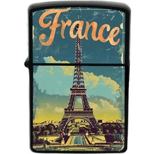 İberk Fransa - France - Hand-Paint Ülke Temalı Benzinli Siyah Çakmak
