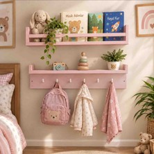 Yonga Sanat Atölyesi 50*10 cm Ikili Montessori Ahşap Duvar Rafı, Isme Özel Çocuk Odası Kitaplık ve Askılık, Dekoratif Duvar Rafı
