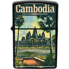 İberk Kamboçya - Cambodia - Hand-Paint Ülke Temalı Benzinli Siyah Çakmak