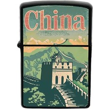 İberk Çin - China - Hand-Paint Ülke Temalı Benzinli Siyah Çakmak