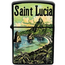 İberk Saint Lucia - Saint Lucia - Hand-Paint Ülke Temalı Benzinli Siyah Çakmak