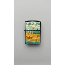 İberk Kazakhstan Kazakistan - Paper-Cut Style - Benzinli Siyah Çakmak