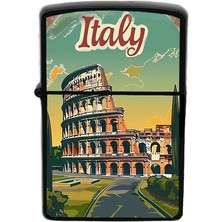 İberk Italya - Italy - Hand-Paint Ülke Temalı Benzinli Siyah Çakmak