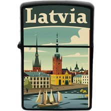 İberk Letonya - Latvia - Hand-Paint Ülke Temalı Benzinli Siyah Çakmak