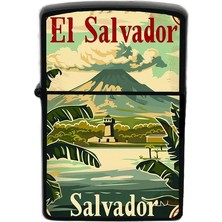 İberk El Salvador - El Salvador - Hand-Paint Ülke Temalı Benzinli Siyah Çakmak