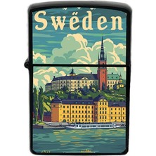 İberk Isveç - Sweden - Hand-Paint Ülke Temalı Benzinli Siyah Çakmak