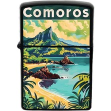 İberk Komorlar - Comoros - Hand-Paint Ülke Temalı Benzinli Siyah Çakmak