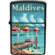 İberk Maldivler - Maldives - Hand-Paint Ülke Temalı Benzinli Siyah Çakmak