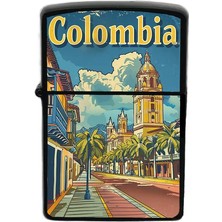 İberk Kolombiya - Colombia - Hand-Paint Ülke Temalı Benzinli Siyah Çakmak