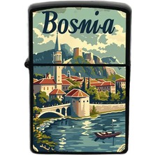 İberk Bosna-Hersek - Hand-Paint Ülke Temalı Benzinli Siyah Çakmak
